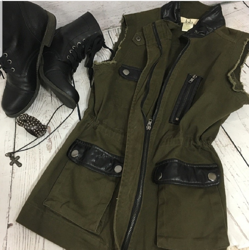 Dark Olive vest w/ black leather trim...TRENDY